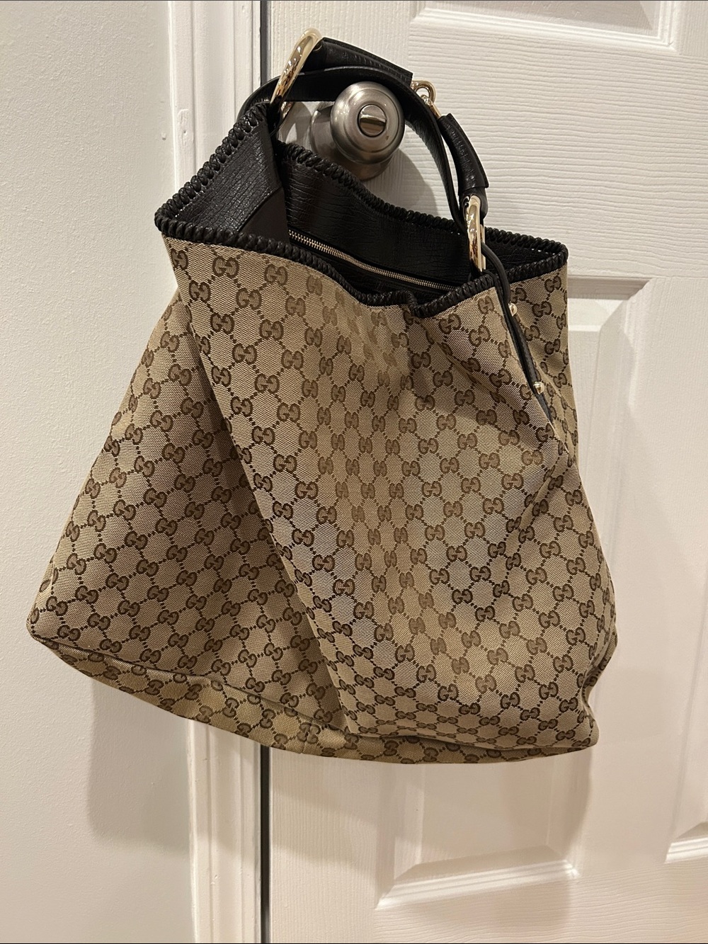 Gucci Beige Brown GG Canvas Hobo with Dark Brown Leather Trim
